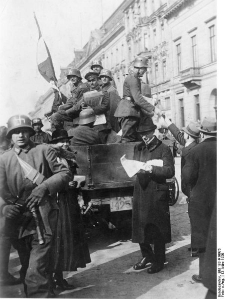 Reactionary Stalhelm soldiers with Swastikas in Berlin.