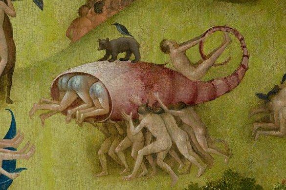 Detail of humans carrying fish from Bosch's "The Garden of Earthly Delights"
