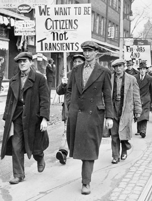 Unemployed men march in Toronto, Canada, circa 1930