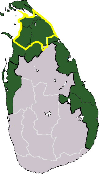 Tamil Eelam (LTTE) territorial claim (green) and approximate de facto territory controlled at the time of the launching of the 2008–2009 Sri Lankan Army Northern offensive (yellow). During the final army offensive, however, all of this area was recaptured by Sri Lankan forces.